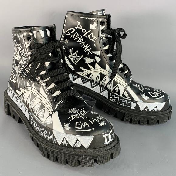 DOLCE & GABBANA Size 8 Black White Painted Chunky Lug Sole Combat Boots - Picture 1 of 9